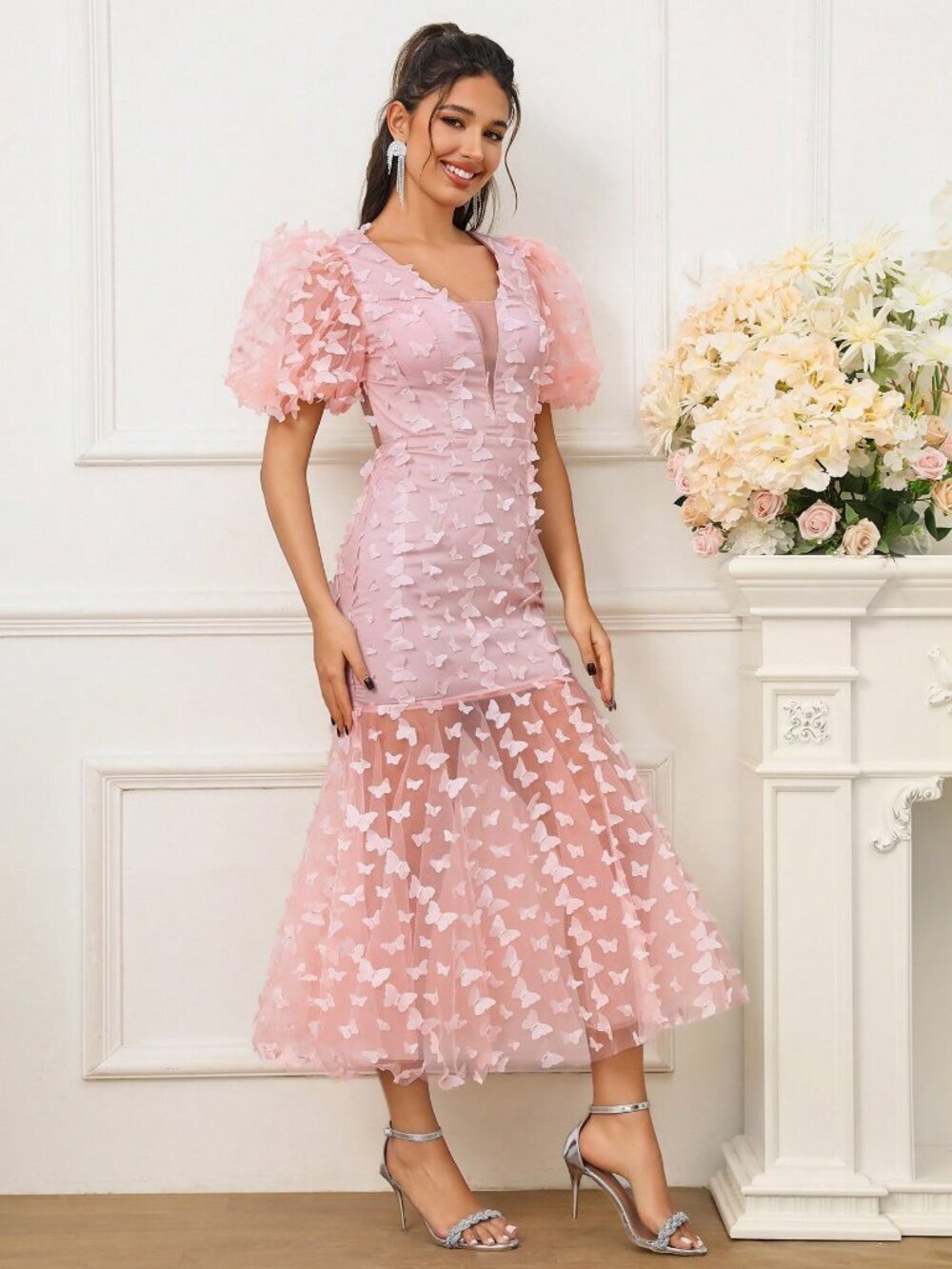 Pink Elegant Women's Bubble Sleeve 3D Butterfly Open-Back Mermaid Cocktail Dress